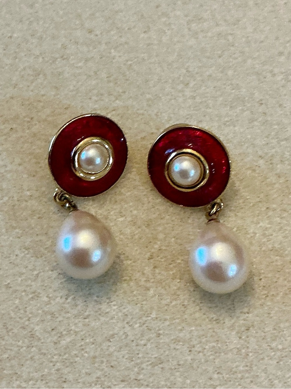 Red Enamel and Pearl Drop Earrings
